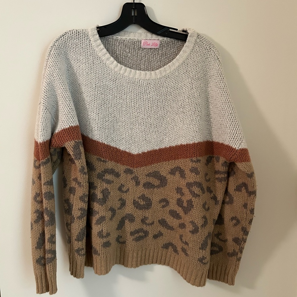 Pink Lily Colorblock Leopard Sweater - Cream, Brown, and Tan